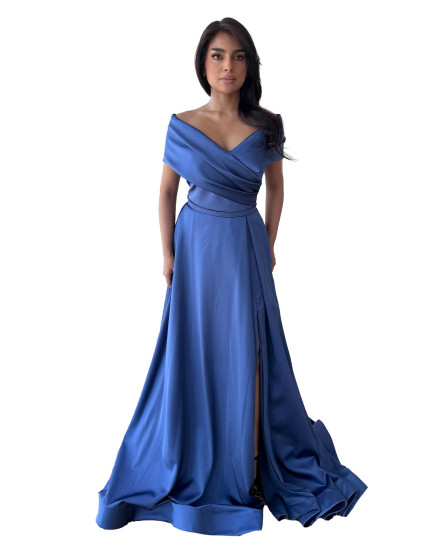 Strapless Neckline Open Shoulder Maxi Length Evening Dress - Royal Blue