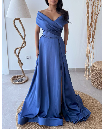 Strapless Neckline Open Shoulder Maxi Length Evening Dress - Royal Blue