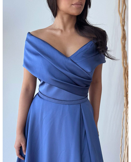 Strapless Neckline Open Shoulder Maxi Length Evening Dress - Royal Blue