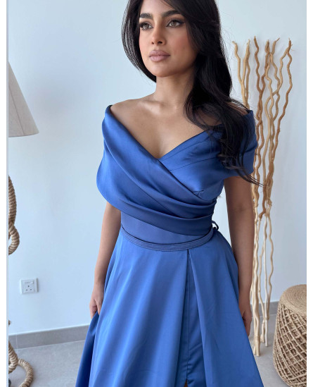 Strapless Neckline Open Shoulder Maxi Length Evening Dress - Royal Blue