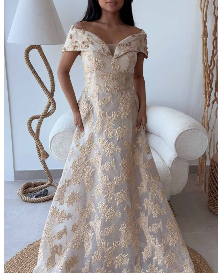 Embellished Off Shoulder Dress - Golden