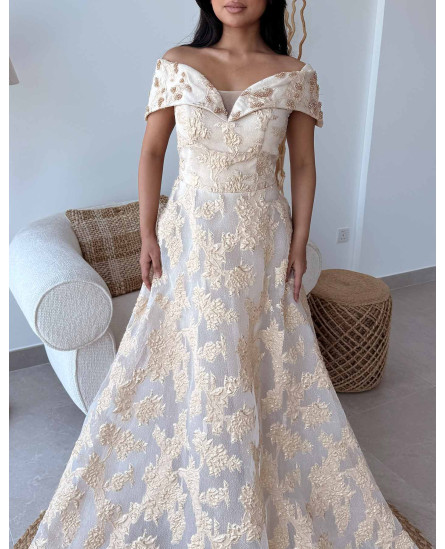 Embellished Off Shoulder Dress - Golden