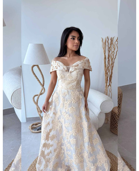 Embellished Off Shoulder Dress - Golden