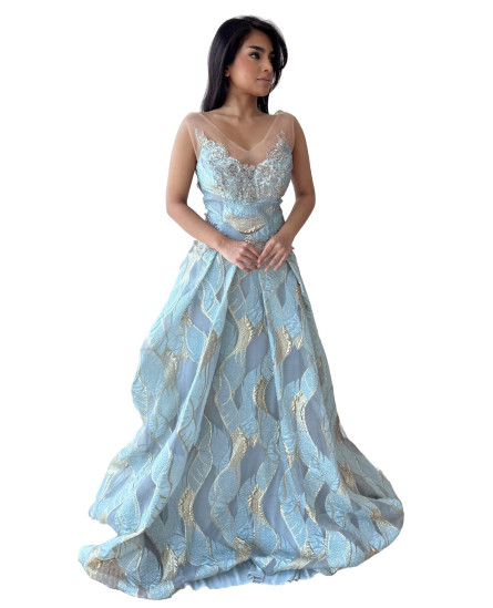 Pleated Gown with V Neckline and Tonal Embroidery
