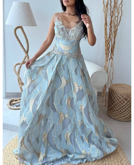 Pleated Gown with V Neckline and Tonal Embroidery
