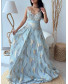 Pleated Gown with V Neckline and Tonal Embroidery