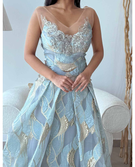 Pleated Gown with V Neckline and Tonal Embroidery