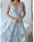 Pleated Gown with V Neckline and Tonal Embroidery