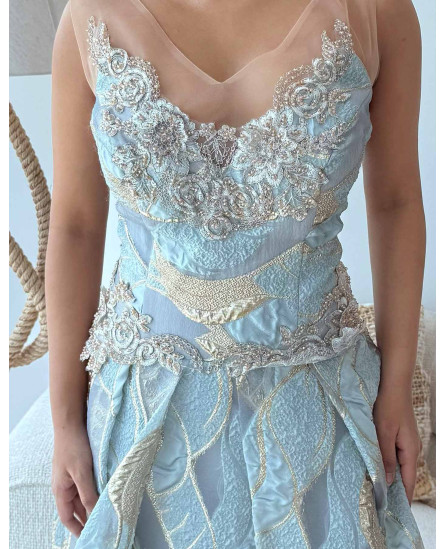 Pleated Gown with V Neckline and Tonal Embroidery