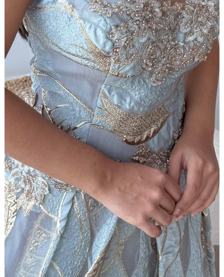 Pleated Gown with V Neckline and Tonal Embroidery