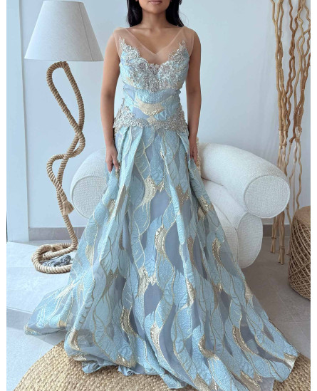 Pleated Gown with V Neckline and Tonal Embroidery