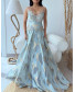 Pleated Gown with V Neckline and Tonal Embroidery