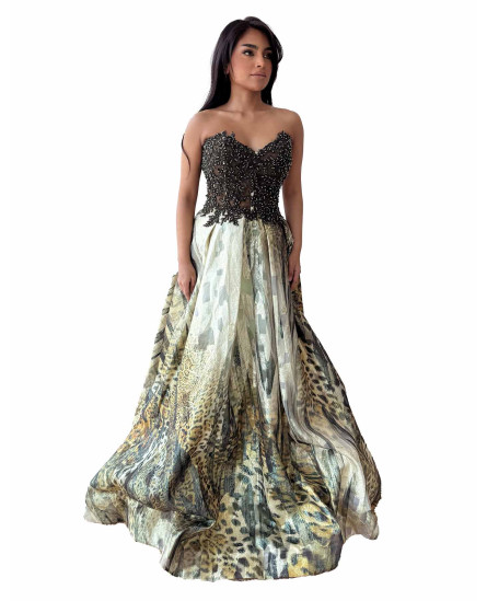 Off Shoulder Embroidered Dress - Leopard Abstract Black