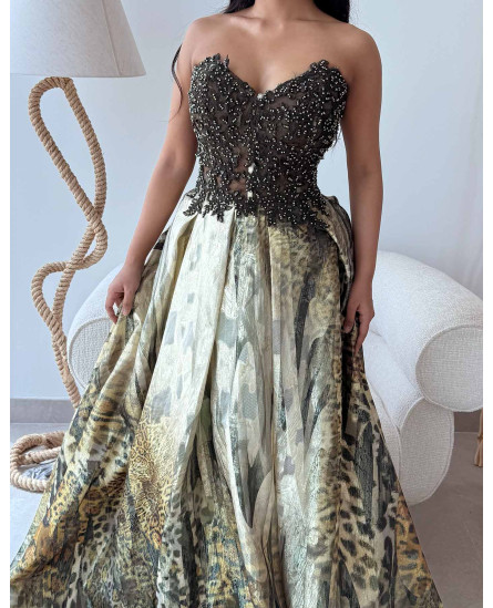 Off Shoulder Embroidered Dress - Leopard Abstract Black
