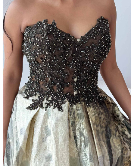 Off Shoulder Embroidered Dress - Leopard Abstract Black