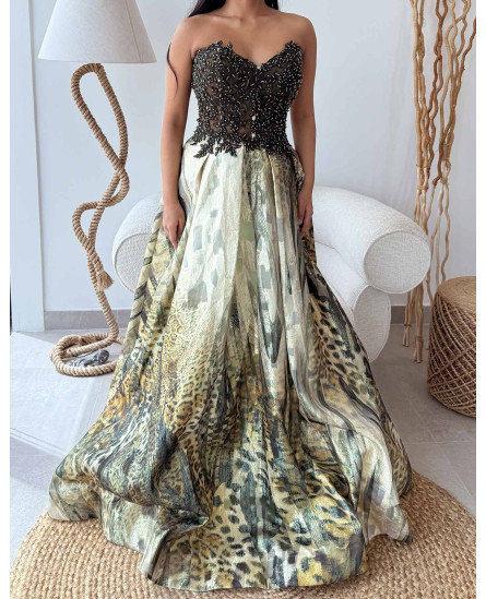 Off Shoulder Embroidered Dress - Leopard Abstract Black