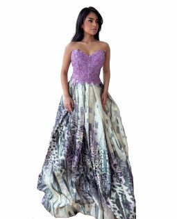 Off Shoulder Embroidered Dress - Leopard Abstract Purple