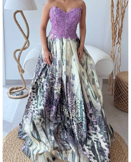 Off Shoulder Embroidered Dress - Leopard Abstract Purple