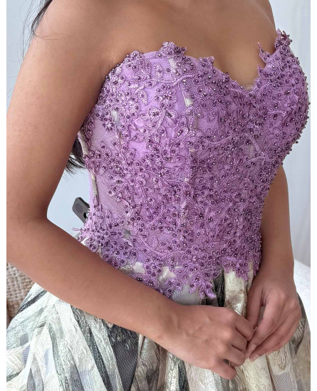Off Shoulder Embroidered Dress - Leopard Abstract Purple