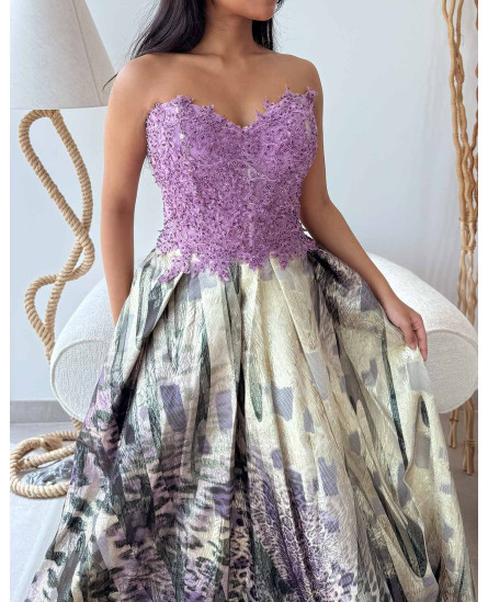 Off Shoulder Embroidered Dress - Leopard Abstract Purple