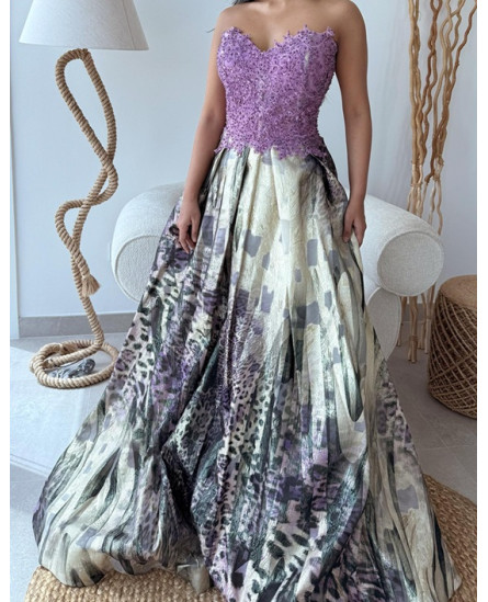 Off Shoulder Embroidered Dress - Leopard Abstract Purple