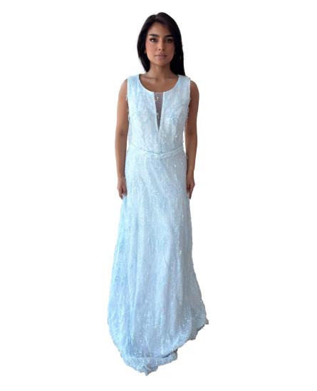 Deep V - Cut Neckline Long Dress With Hologram Hanging Sequins