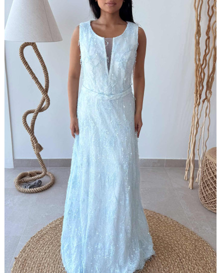 Deep V - Cut Neckline Long Dress With Hologram Hanging Sequins