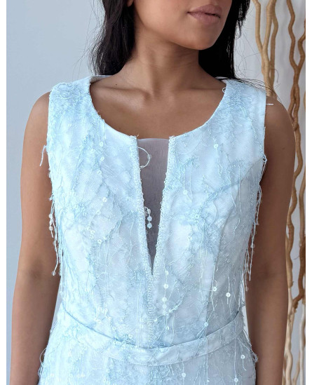 Deep V - Cut Neckline Long Dress With Hologram Hanging Sequins