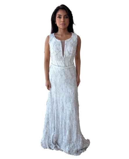 Dress White V-neck with Sequins Work