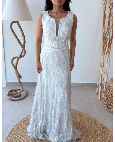 Dress White V-neck with Sequins Work