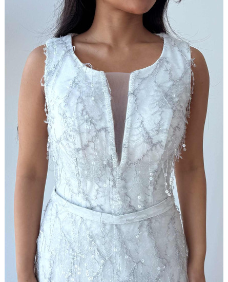 Dress White V-neck with Sequins Work