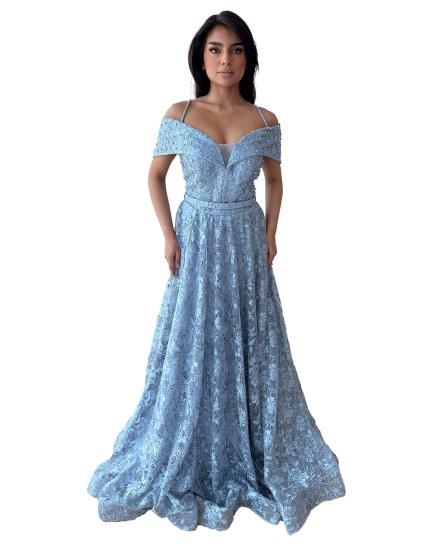 Embellished Off Shoulder Lace Dress with Embroidery - Sky Blue