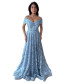 Embellished Off Shoulder Lace Dress with Embroidery - Sky Blue