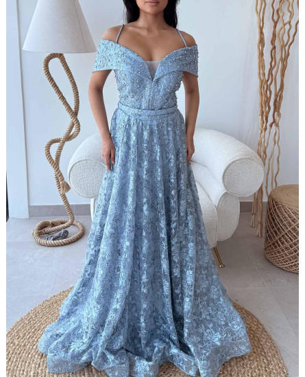 Embellished Off Shoulder Lace Dress with Embroidery - Sky Blue