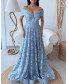 Embellished Off Shoulder Lace Dress with Embroidery - Sky Blue