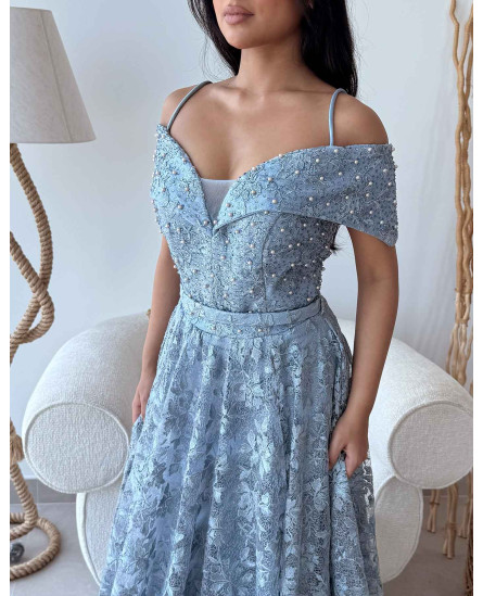 Embellished Off Shoulder Lace Dress with Embroidery - Sky Blue