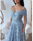 Embellished Off Shoulder Lace Dress with Embroidery - Sky Blue