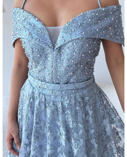 Embellished Off Shoulder Lace Dress with Embroidery - Sky Blue