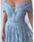 Embellished Off Shoulder Lace Dress with Embroidery - Sky Blue