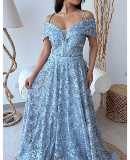 Embellished Off Shoulder Lace Dress with Embroidery - Sky Blue