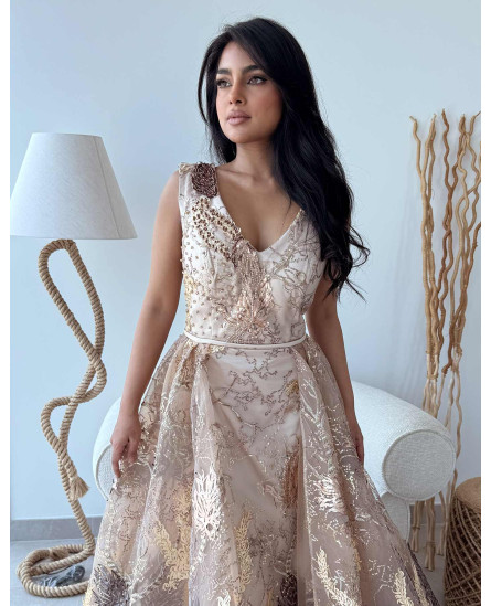 Golden Feather Dress with Stone Work