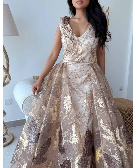 Golden Feather Dress with Stone Work