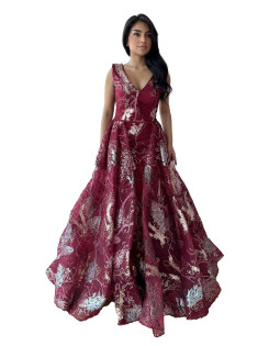 Feather Dress with Stone Work - Maroon