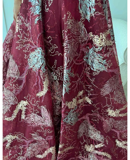 Feather Dress with Stone Work - Maroon