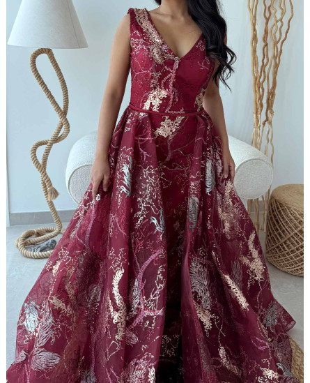 Feather Dress with Stone Work - Maroon