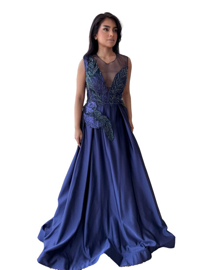 Peacock Blue Embroidered Gown with Sweetheart Neck