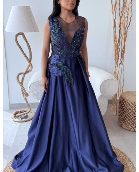 Peacock Blue Embroidered Gown with Sweetheart Neck