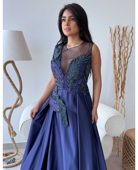 Peacock Blue Embroidered Gown with Sweetheart Neck