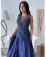 Peacock Blue Embroidered Gown with Sweetheart Neck