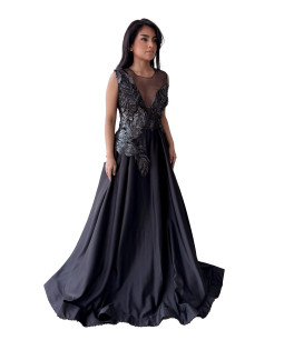 Peacock Embroidered Gown - Black